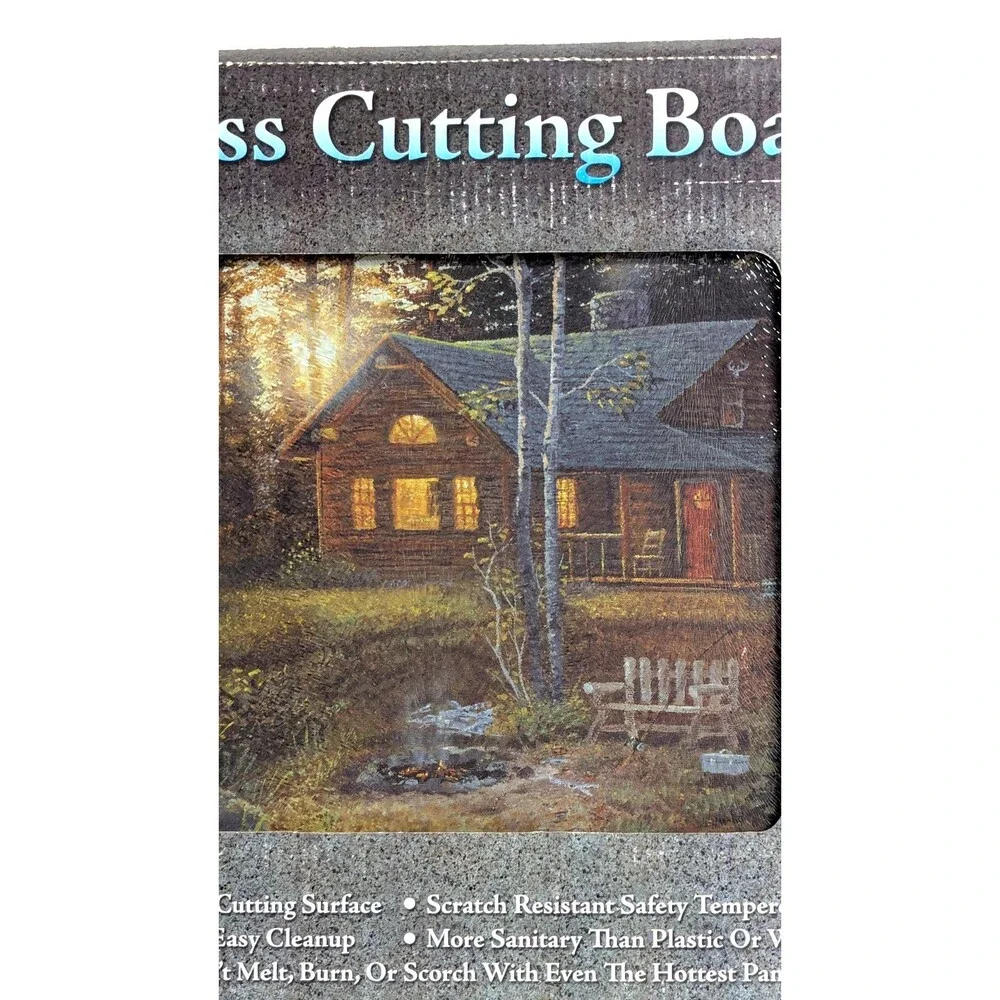 Rivers Edge Cabin on Lake Tempered Glass Cutting Board Cabin Rustic Kitchen NEW